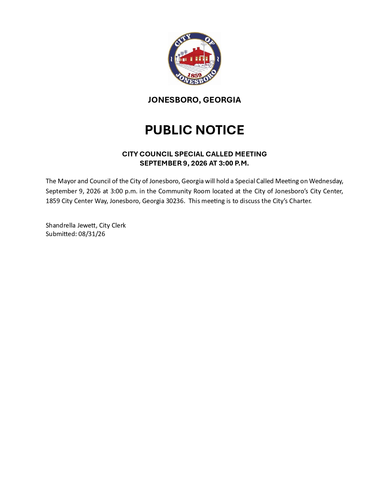 PUBLIC NOTICE - SPECIAL CALLED MEETING 